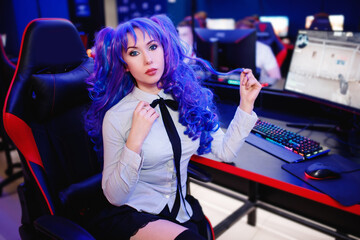 Streamer anime cosplay woman professional gamer playing online video games computer, neon color