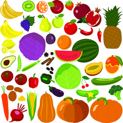 Set of vegetables and fruits, flat vector
