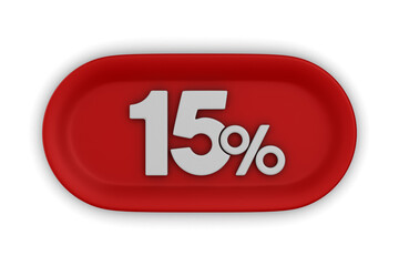 Button with fifteen percent on white background. Isolated 3D illustration