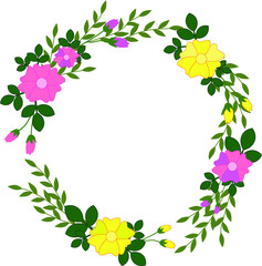 A wreath of pink and yellow flowers and green leaves