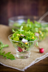 Spring salad from early vegetables, lettuce leaves, radishes and herbs in a plate on the table