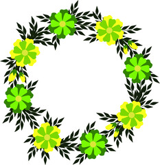 A wreath of green branches, yellow and green flowers