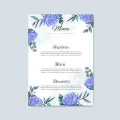 Wedding menu blue floral card with flowers