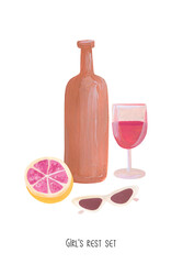 Bottle, glass of red wine, grapefruit and sunglasses. Restaurant still life poster, t-shirt print, textiles. Pasty texture of gouache paint