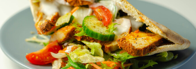 Mediterranean style pitta prepared with spicy chicken, cucumber, tomato, salad and mayo sauce