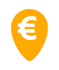 euro currency symbol in orange pin point for icon isolated on white, euro money for app icon, simple flat euro money, currency digital euro symbol for financial concept