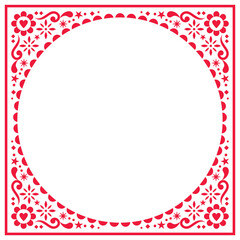 Scandinavian folk greeting card or wedding invitation vector design, floral ethnic pattern in red on white
