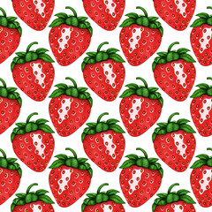 Seamless pattern of watercolor red strawberry with leaves. Fresh sweet food, dessert, berry. Hand drawn background for design print, greeting card, invitation, wrapping paper, textile, scrapbooking
