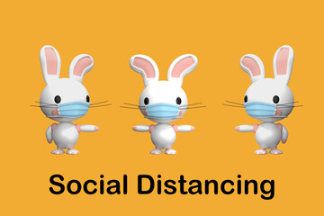 Fototapeta premium Cute rabbits campaigning for social distance 3D rendering 