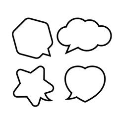 star shaped speech bubble, heart shaped speech bubble, hexagon speech bubble, cloud speech bubble, geometry balloon black isolated on white for copy space