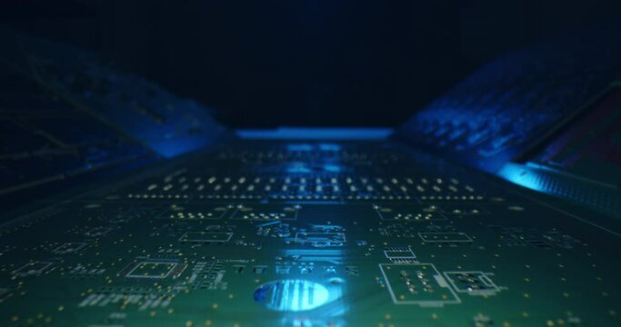 Macro shot with probe lens, green printed circuit board.