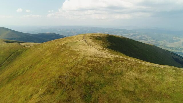 Flight approaching the top of Mount Gemba. Ukrainian Carpathian Mountains