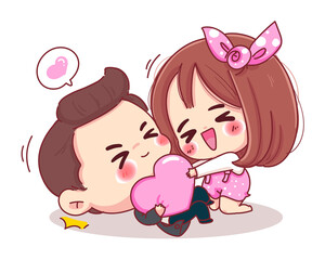 Character of lover playing pink heart with romantic valentine day isolated on white background.