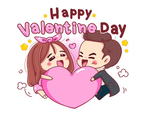 Character of lover playing pink heart with romantic valentine day isolated on white background.