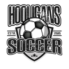 Soccer hooligans spirit. Soccer logo design template. Football emblem pattern. Vintage style on isolated background. Print on t-shirt graphics. Vector illustration