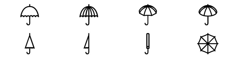 Set of line icons representing umbrella. Simple open or folded umbrellas. Vector Illustration