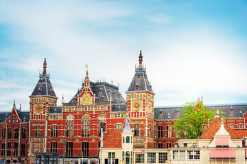 Amsterdam, Netherlands - May 23, 2018 : Beautiful street view of Traditional old buildings in Amsterdam,Netherlands