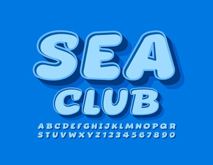 Vector vacation logo Sea Club. Retro Style Font. Comic blue Alphabet Letters and Numbers set