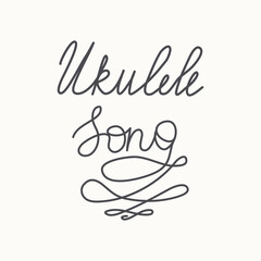 Ukulele surfing lettering. Hawaiian tropical exotic handmade design. Summer, sun, splashes, vintage texture