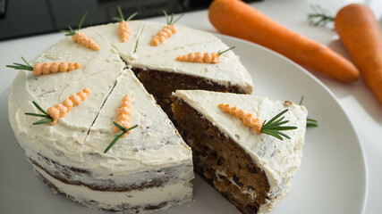 Yummy Carrot cake by funny and pretty chef. Zoom ,Macro.