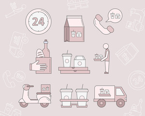 Food delivery Icons set - Vector color symbols and outline of courier, truck, pizza, transportation, cart, scooter and other for the site or interface