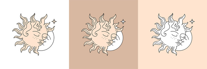 Vector image Logo for business in the industry of beauty, health, personal care. Beautiful linear image of a female face, sun and moon. Logo for beauty salon, health industry, makeup artist.