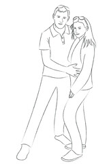 Sketch young couple, boy and girl, guy hugs a girl