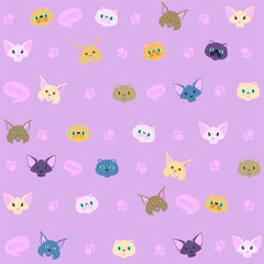 Cute cats pattern. Nice vector pattern with cat faces. Pink background with cat pows. Different cat breeds.