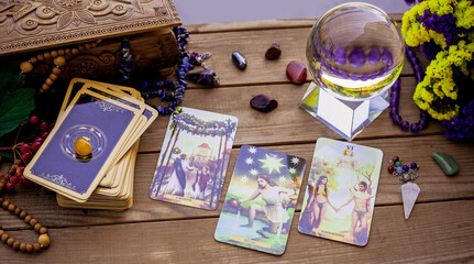 Tarot card on a table, White magic, attributes for witch,  magic for love, health, attracting...