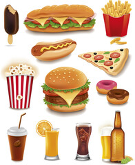 fast food items-hamburger, fries, hotdog, coffee,cola, beer,  juice, baguette,pizza, ice cream, popcorn, donut