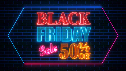 Colorful Neon Light Black Friday Sales 50 Percent Off In Elongated Hexagon Border Design With Artistic Dark Blue Brick Wall Texture Background