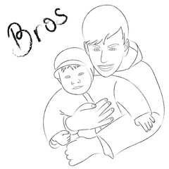 Sketch of two brothers, older brother hugs younger, happy teenager and toddler