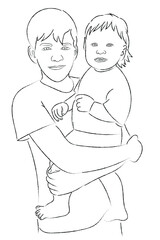 Sketch of two brothers - a teenager and a baby boy, younger brother in the arms of the older
