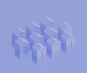 Small violet houses, futuristic town block abstract representation, street, quarter. 3d illustration