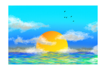 Background vector in the evening sea with the sun and birds flying in the sky used as a promotional poster