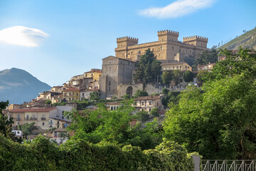 Fototapeta na wymiar Commune of Celano, with the large Piccolomini Castle at the top of the hill, Abruzzo region, L'aquila province, Italy