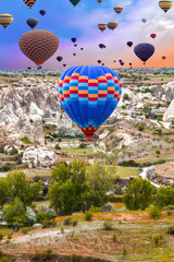 Hot air balloons Top Of Mountain Cappadocia Goreme Park Turkey.