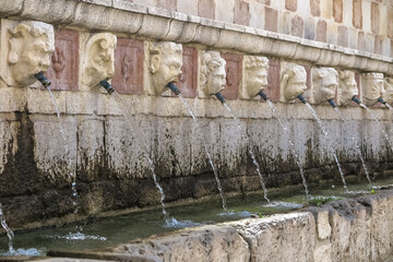 Fountain of the 99 Water Spouts, historic Italian fountain, dated 1272, L´aquila commune, Abruzzo region, Italy