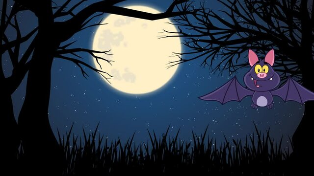 Happy Vampire Bat Cartoon Character Flying In Forest On Halloween Night. 4K Animation Video Motion Graphics With Background