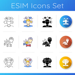 Mental problem icons set. Psychological condition. Halth care help with brain damage. Car collission trauma. Memory loss. Linear, black and RGB color styles. Isolated vector illustrations