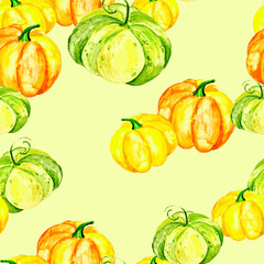Watercolor, vintage seamless pattern with the image of a pumpkin. Pumpkin orange, yellow, green
watercolor. Background can be used for Halloween