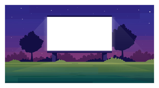 Open Air Cinema Screen Semi Flat Vector Illustration. Empty Place For Watching Film Outside. Public Weekend Entertainment Space. Outdoors Movie Night 2D Cartoon Scene For Commercial Use