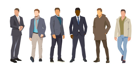 Group of men. Adult people. Flat design vector illustrations. Front view