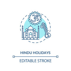 Hindu holidays concept icon. Indian religion, hinduism idea thin line illustration. Traditions of India. Taj Mahal and om sign vector isolated outline RGB color drawing. Editable stroke