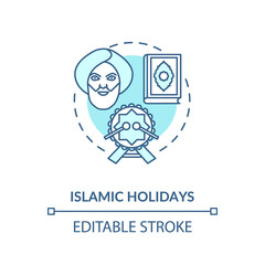 Islamic holidays concept icon. Religious celebrations in India, islam idea thin line illustration. Prophet muhammad, quran and festive drum vector isolated outline RGB color drawing. Editable stroke