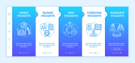Naklejka premium Indian religious holidays onboarding vector template. Christian and Buddhist holidays. Responsive mobile website with icons. Webpage walkthrough step screens. RGB color concept