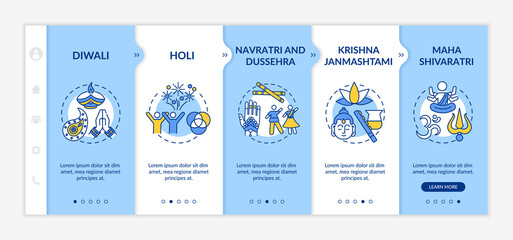Top Hindu festivals onboarding vector template. Diwali. Holi. Public holidays in India. Responsive mobile website with icons. Webpage walkthrough step screens. RGB color concept