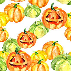 Orange, yellow, green
 pumpkin watercolor. Pumpkin for Halloween, for a holiday. Night party. Sinister pumpkin. On isolated background. Watercolor seamless pattern for halloween.