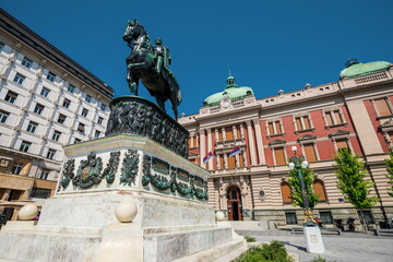 Fototapeta na wymiar Belgrade, Republic Square, National Museum, the Statue of Prince Michael