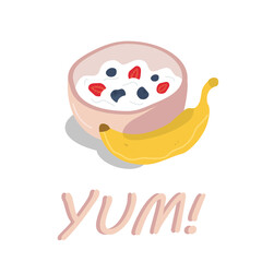 Tasty and healthy breakfast illustration. Bowl with yoghurt, strawberries, blueberries and banana with  